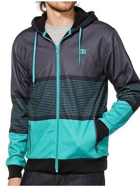 Men's Black and Teal Zip-Up Hooded Jacket